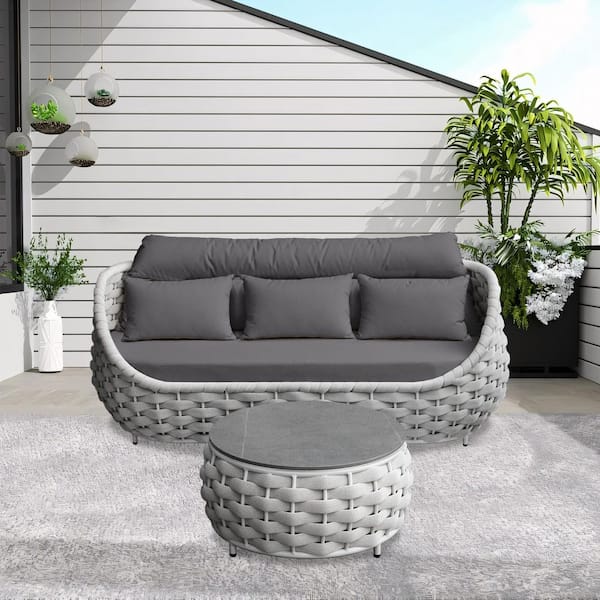 Bird's Nest Shaped Gray Aluminum Frame Outdoor Couch 3-Seat Sofa Daybed with Dark Gray Cushion and Coffee Table