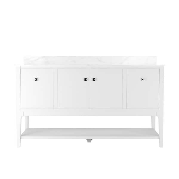 60 in. Single Sink Freestanding White Wood Bath Vanity with White Engineered Marble Top (Assembled)