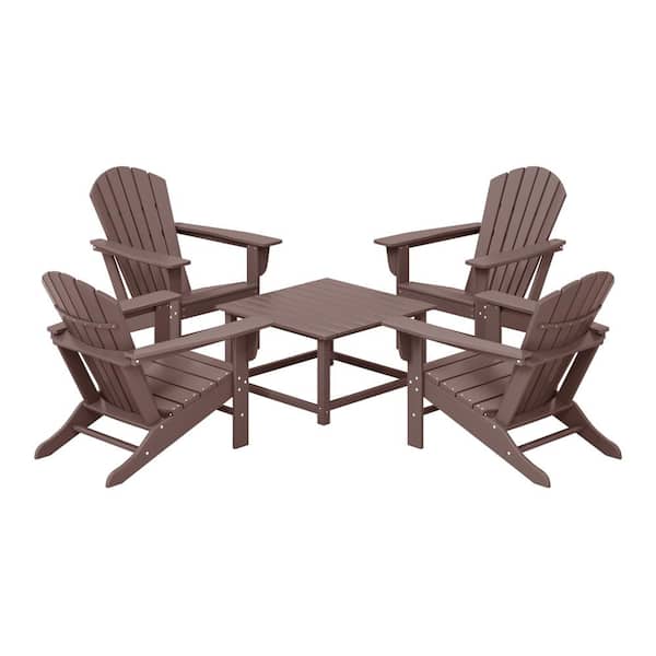 Altura Fade Resistant HDPE Plastic Dark Brown 5PC Adirondack Chair Outdoor Patio Conversation Set, Square Coffee Table