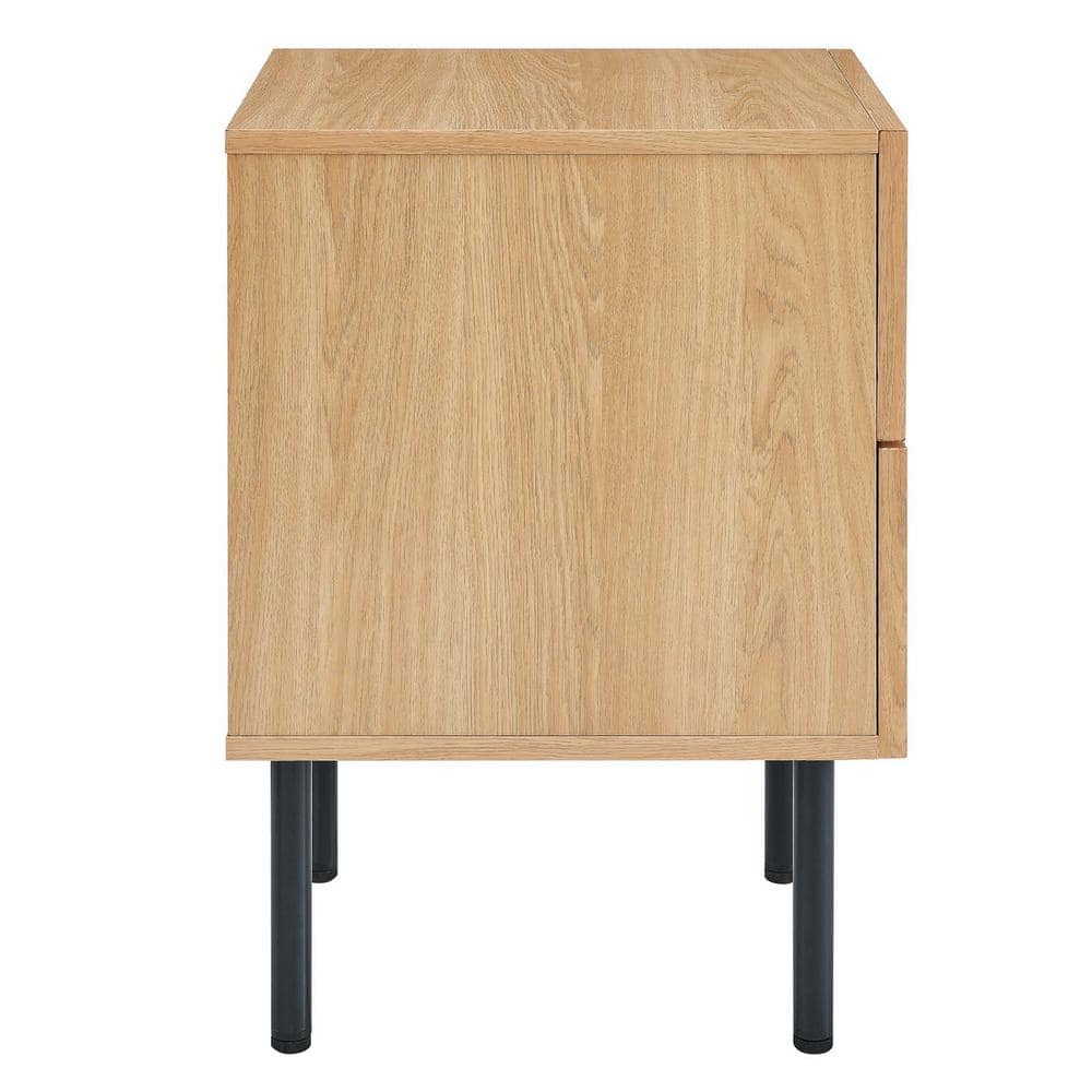 Oak and Rattan 2-Drawer Nightstand with Black Legs