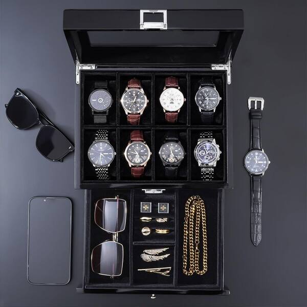 Piano Black 8 Slot Wooden Watch Box with Drawer LX1239 - The Home