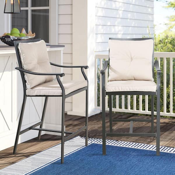Cisvio Metal Patio Outdoor Bar Stool Set of 2 Bar Height Beige Chairs Patio Furniture Steel Chairs with Armrest and Cushions