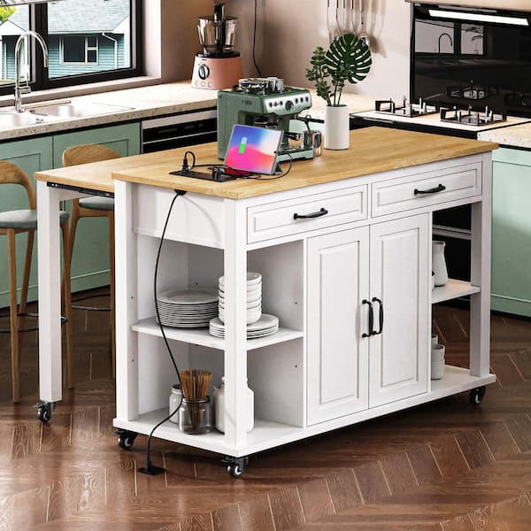 White Rustic Wood Veneer 47 in. Kitchen Island with Extendable Dining Table Internal Storage Rack, 2 Drawers, 2 Cabinets