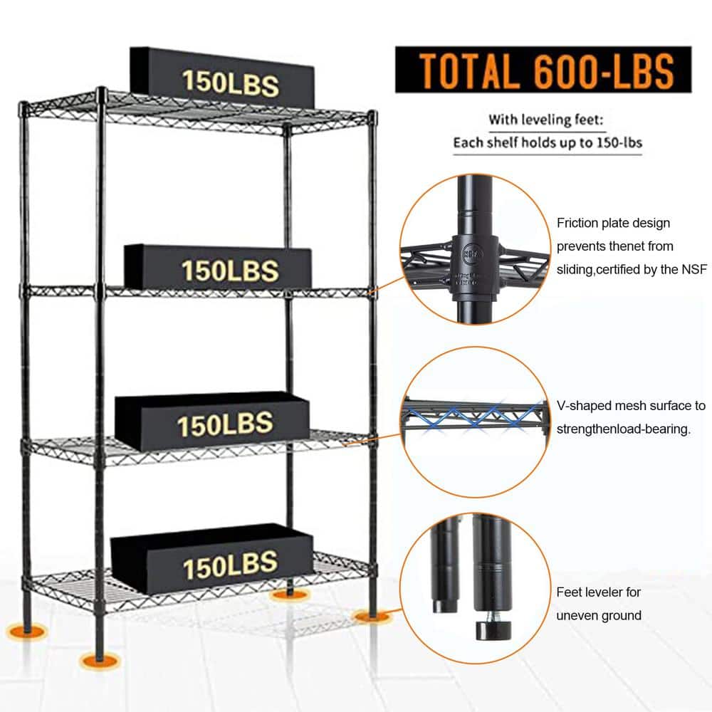 14" Deep x 36" Wide x 54" High Black Wire Shelving Unit