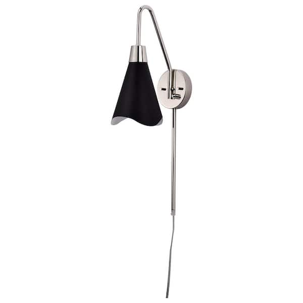 SATCO Tango 1-Light 6.25 in. Matte Black / Polished Nickel Wall Sconce with Matte Black Metal Shade