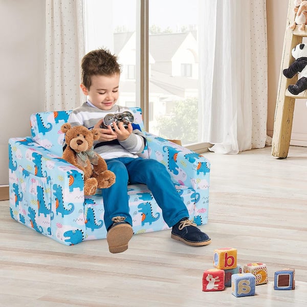 Blue 2-in-1 Convertible Farbic Kids Sofa to Lounger Flip-Out Chair with Storage Pocket