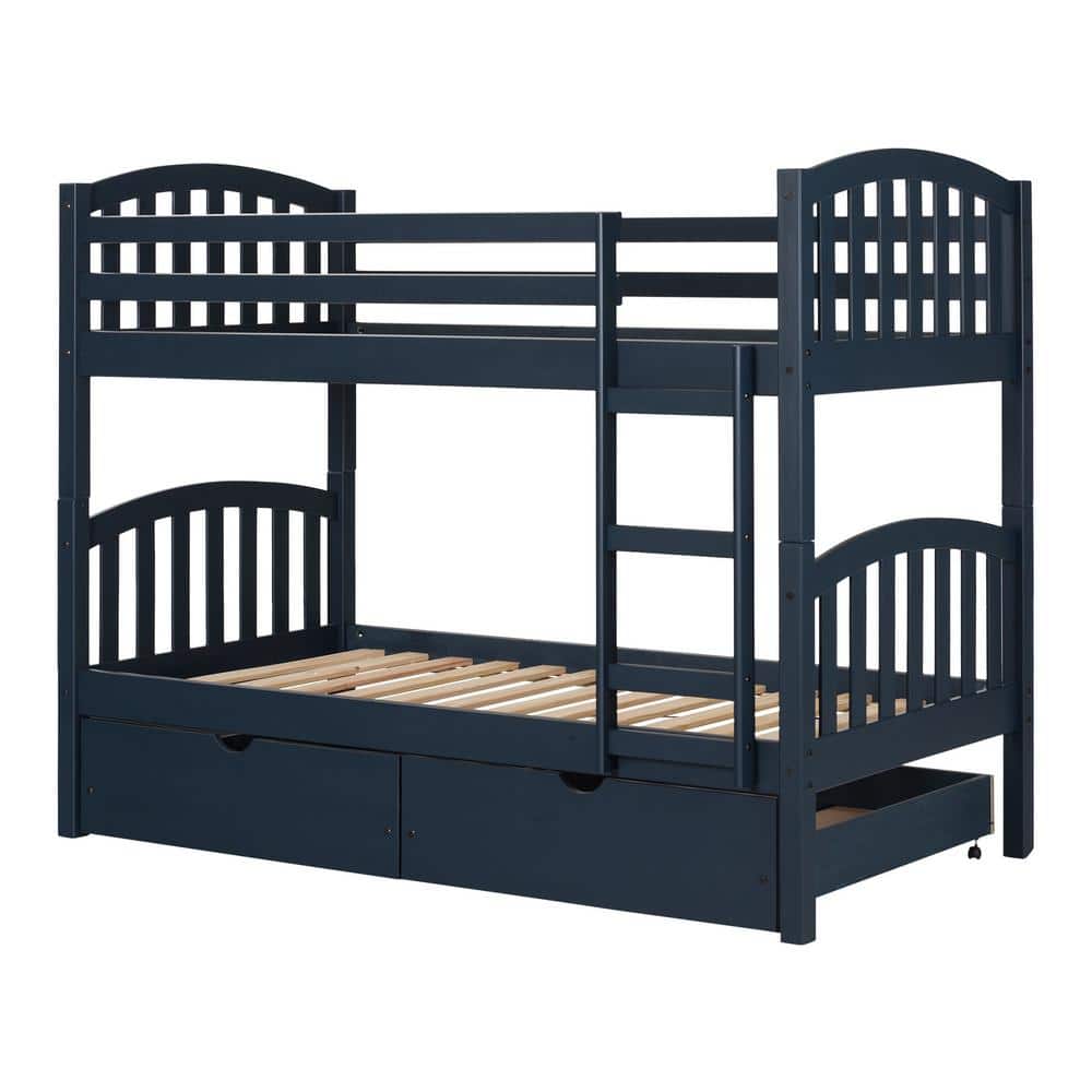 Navy Blue Twin Bunk Bed with Storage Drawers and Pine Frame