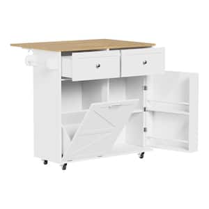 White/Natural Wood 35.4 in. W Kitchen Island Dining Table with Adjustable Shelves and Drawer and Spice and Tower Racks
