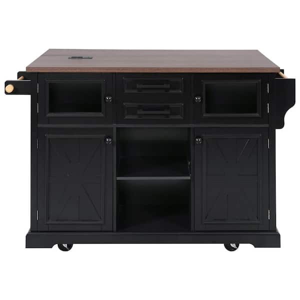 Unbranded Modern 54.9 in. MDF Black Kitchen Cart with Cabinets, Drop Leaf，Glass Door, Spice Rack & Towel Rack