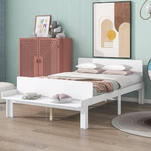 Modern White Wood Frame Full Size Platform Bed with Footboard Bench and Slat Support Legs