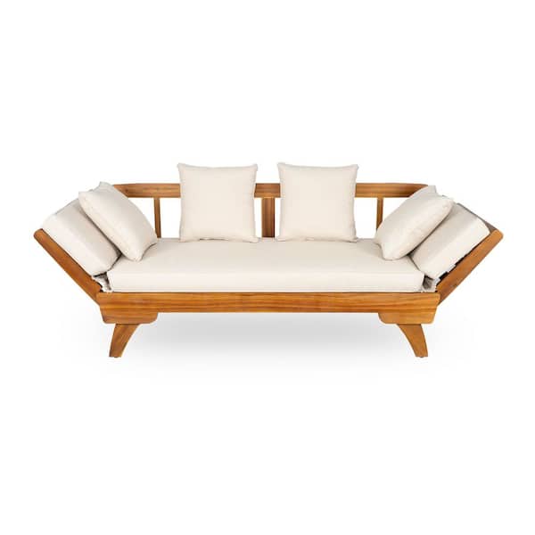 Wood Outdoor Patio Day Bed Sofa with Beige Cushions-3-Seat Convertible Sofa & Lounger with Foldable Arms, 4 Cushions