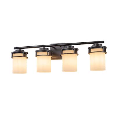 26 in. 4-Light Dark Brown Vanity Light with Frosted Glass Shades