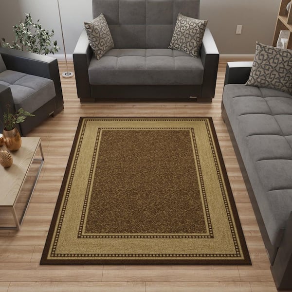 Basics Collection Non-Slip Rubberback Bordered Design 5x7 Indoor Area Rug, 5 ft. x 6 ft. 6 in., Brown