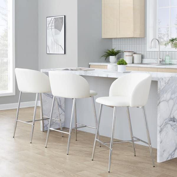 Fran 26 in. Silver Metal and White Faux Leather Fixed-Height Counter Stool (Set of 2)