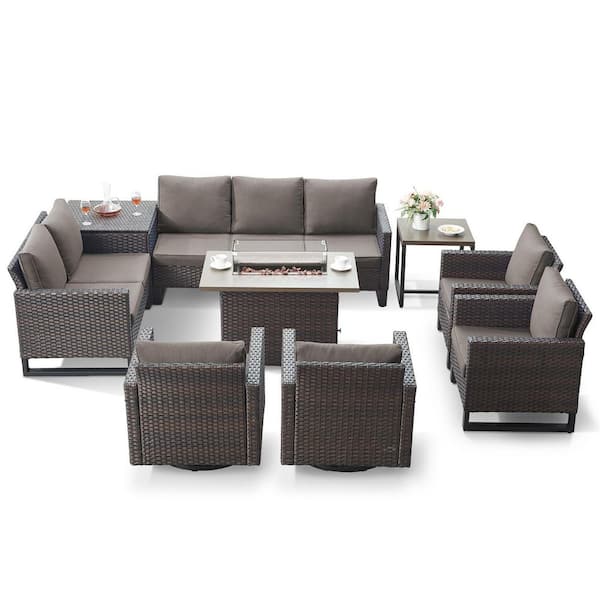 U-Series 9-Piece Outdoor Brown Wicker Sofa PE Rattan Wicker Patio Conversation Set with Cushion Guard Cushions (Blue)