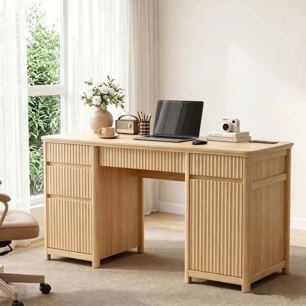 COziBB 55" Fluted Executive Desk with Drawers & Charging Station, Home Office Desk with Power Outlets, Oak Wood