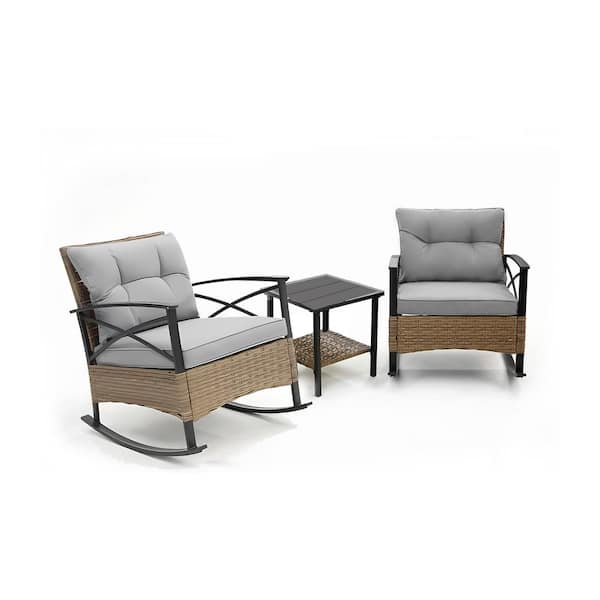 Sudzendf 3-Piece Metal Patio Outdoor Rocking Chair Conversation Set with Gray Cushions