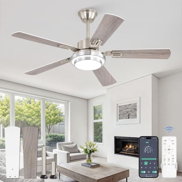 48 in. Nickel White Indoor/Covered Outdoor Dimmable LED 6-Speed Downrod Standard Ceiling Fan with Lights, Remote Control