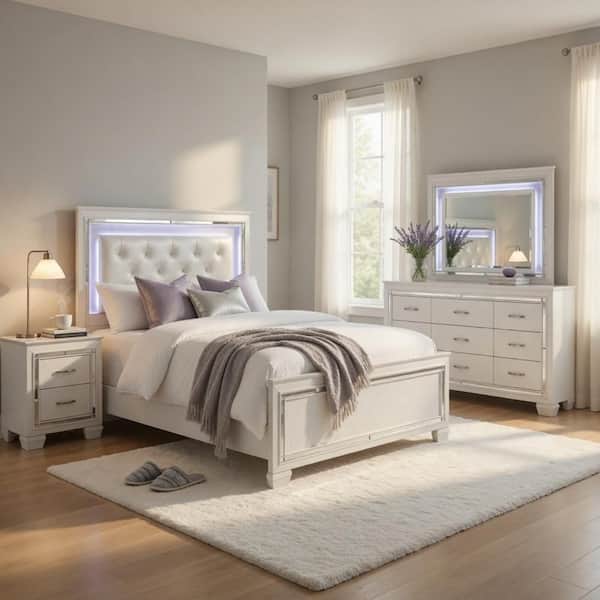 modern white dresser and nightstand set Benjara Modern 5-Piece White Wood King Bedroom Set with Dresser, Mirror and  Nightstand BM352573