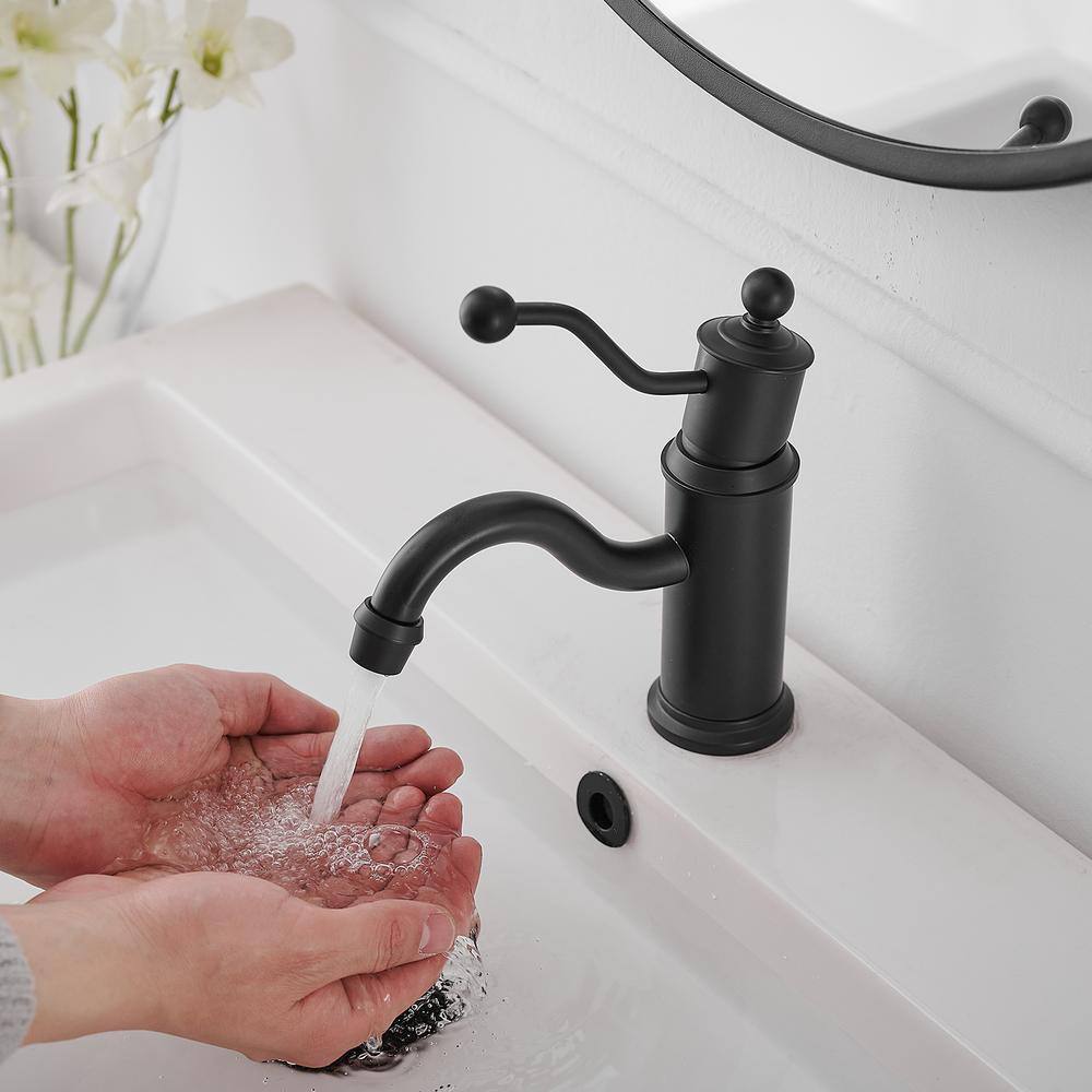 Matte Black Single-Handle Low-Arc Bathroom Faucet with Metal Drain