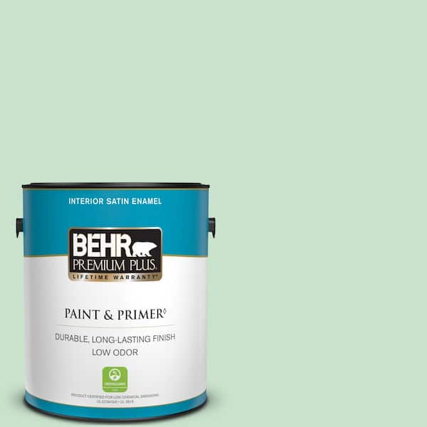 BEHR PREMIUM PLUS 1 gal. #M410-2 Wishful Green Satin Enamel Low Odor Interior Paint & Primer