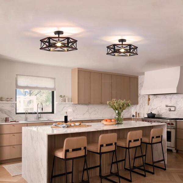 PAKOKULA Farmhouse 18.31 in. 3-Light Black and Brown Hexagon Cage