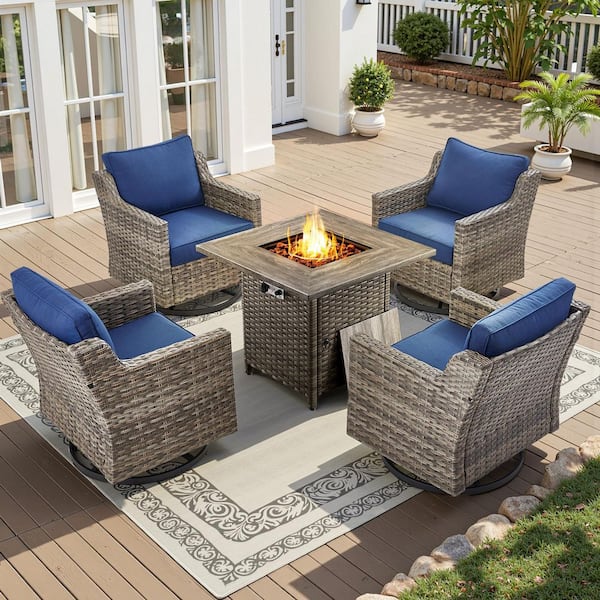 5-Piece Wicker Patio Rectangle Fire Pit Conversation Set with Blue Cushions and Swivel Chairs