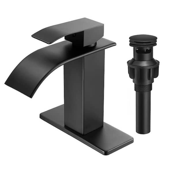 MTTCLE Single Handle Waterfall Spout Single Hole Bathroom Faucet with Deckplate Included and Drain in Matte Black