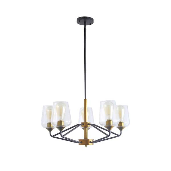 5-Light Large good Chandelier Black and Gold Brushed Brass Mid Century Modern Ceiling