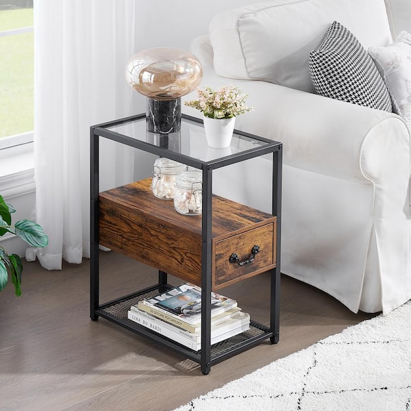 VECELO Brown Wooden Side Table 1-Drawers and Open Shelf Narrow Nightstand Tempered Glass Top 19.7 in. L x 11 in. W x 23.6 in. H