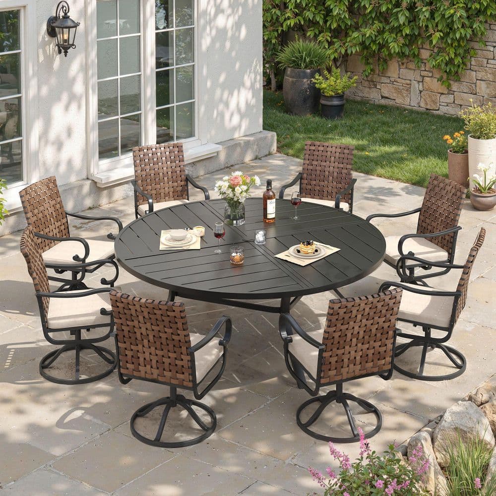 9-Piece Metal Outdoor Dining Set with 8-Swivel Wicker Chairs, Beige Cushions and 63 in. Black-Finish Round Table price history on PriceWatchPro
