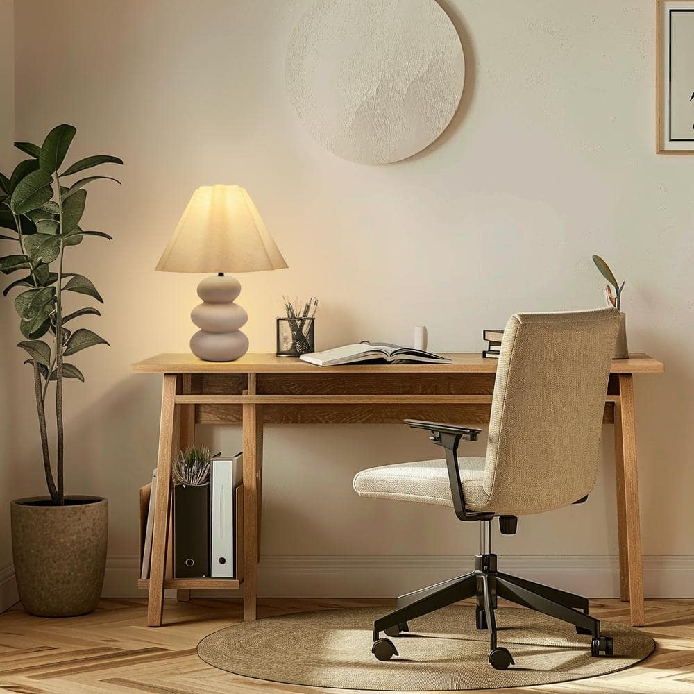 Tall White Ceramic Table Lamp with Beige Linen Shade