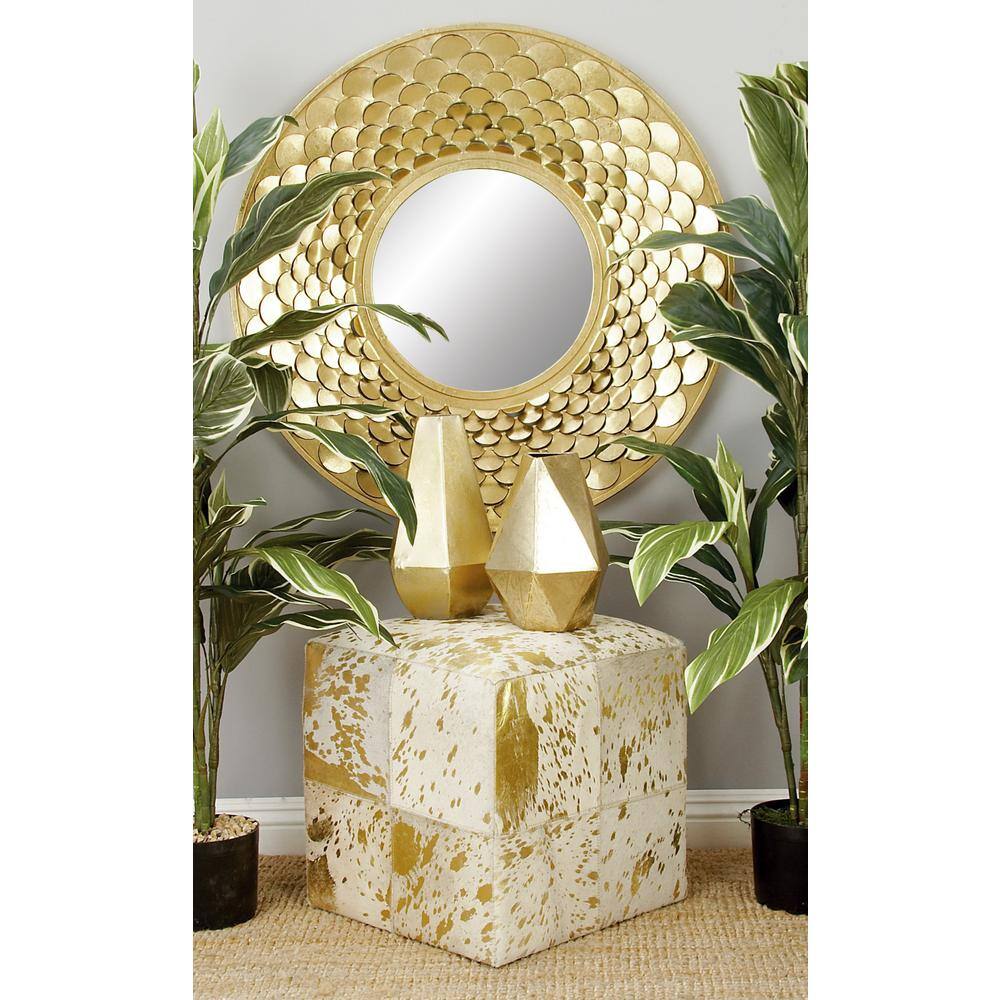 Gold and Beige Leather Box Pouf Stool