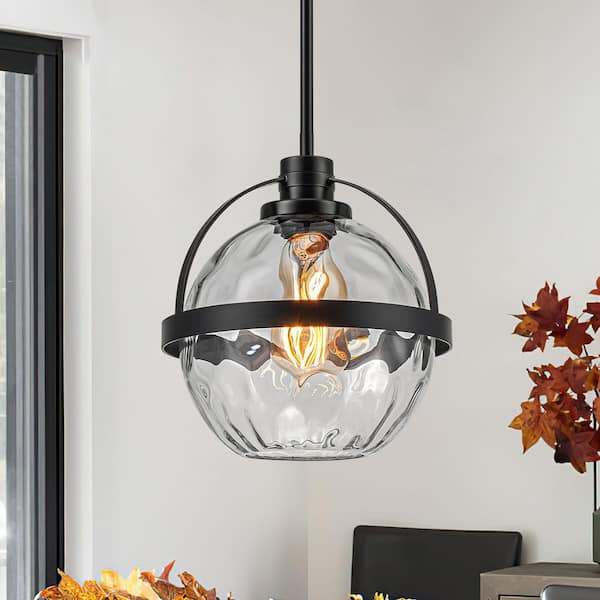 1-Light Matte Black Farmhouse Clear Hammered Glass Hanging Pendant Light with Globe Shade
