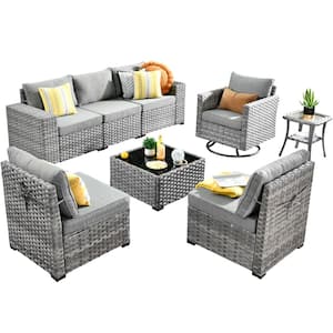 Tahoe Grey 8-Piece Wicker Wide Arm Outdoor Patio Conversation Sofa Set with a Swivel Rocking Chair and Grey Cushions