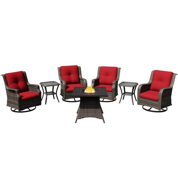 7-Piece Wicker Patio Conversation Set Swivel Rocking Chair Set with Red Cushions, Side Table and Fire Pit
