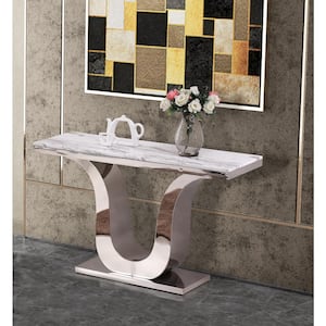 Eric 60 in. White Marble Rectangle Top with Stainless Steel Base Console Table