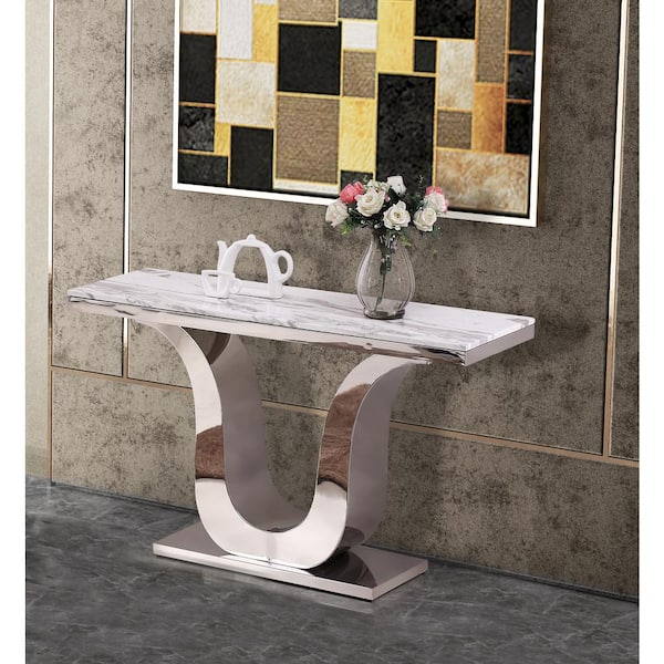 Best Quality Furniture Eric 60 in. White Marble Rectangle Top with Stainless Steel Base Console Table