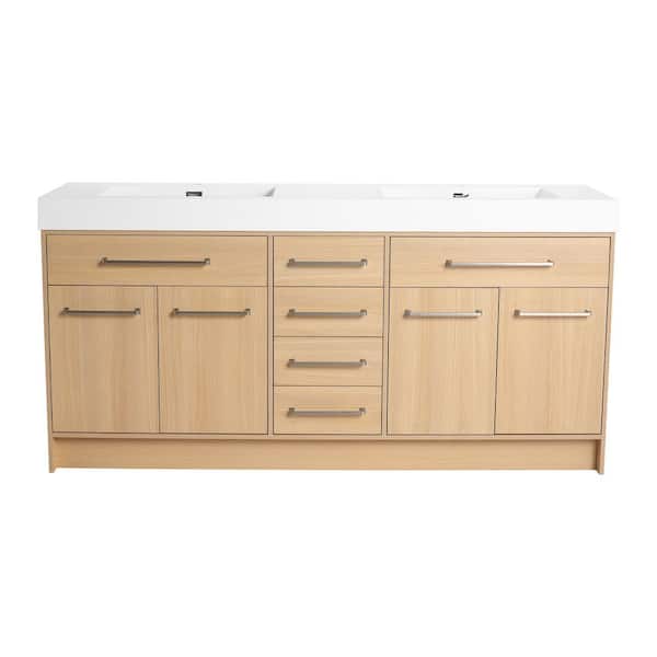 72 in. Freestanding Oak Bath Vanity with Double White Cultured Marble Top Assembled