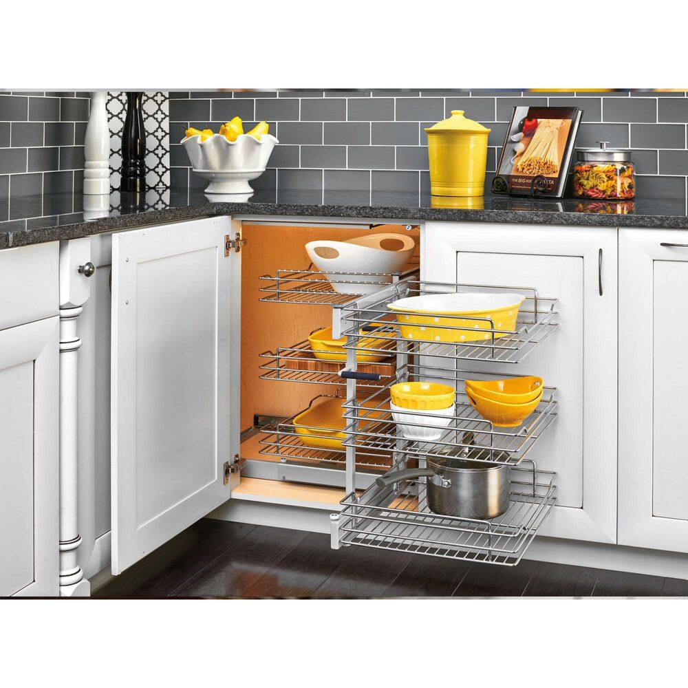 Chrome 15" 3-Tier Blind Corner Organizer with Soft-Close