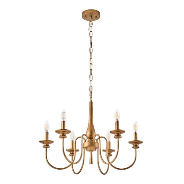 6-Light Antique Gold Vintage Candle Chandelier with Adjustable Chain, Farmhouse Dining Room Hanging Light