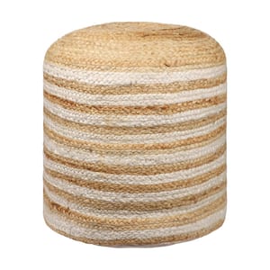 Farmhouse Natural/White Striped Indoor Hand Made Jute Pouf