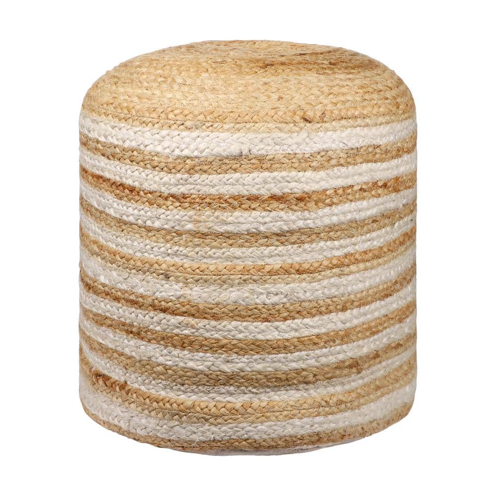 Farmhouse Natural/White Striped Indoor Hand Made Jute Pouf