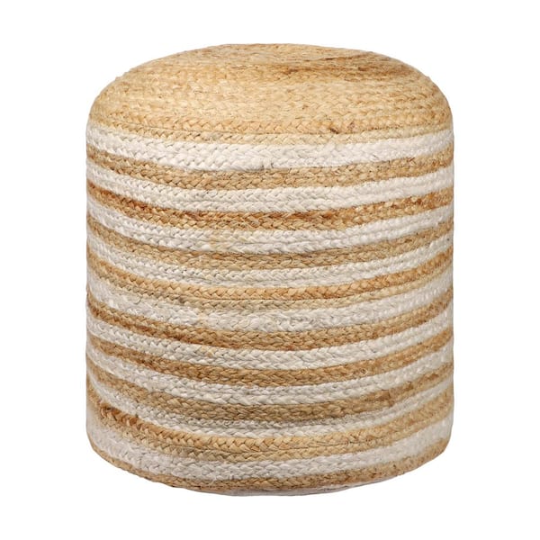 Unbranded Farmhouse Natural/White Striped Indoor Hand Made Jute Pouf