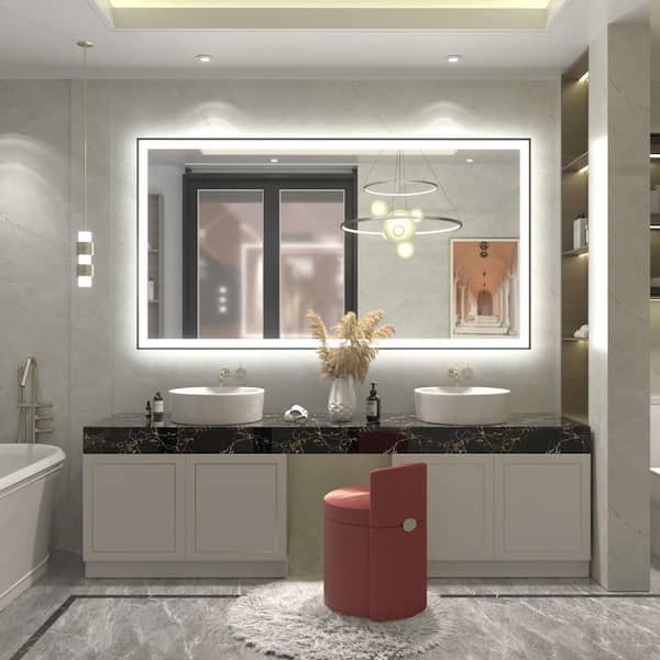 66 in.W x 36 in.H Rectangular Framed UL Certified Front and Back LED Anti-Fog Tempered Glass Wall Bathroom Vanity Mirror