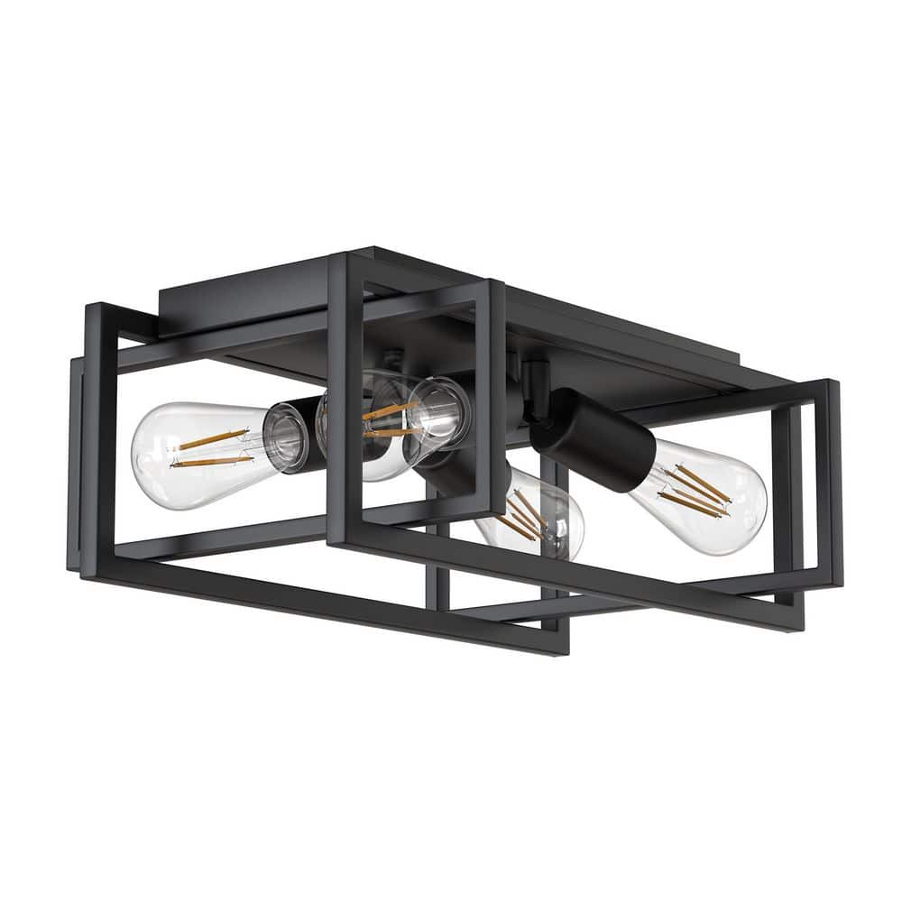 YANSUN 11.41 in. 4-Light Industrial Caged Flush Mount , Metal Black Square Ceiling Light Fixtures for Kitchen Island