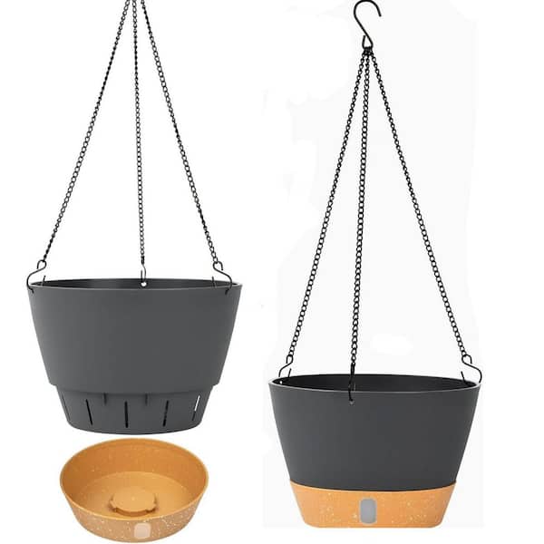 Large 8 in. Dia Dark Grey Plastic Hanging Basket (2-Pack)
