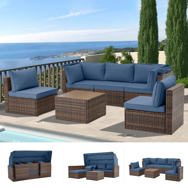 Unbranded 6-Pieces Wicker Patio Conversation Set with Blue Cushion Patio Furniture All Weather Durability