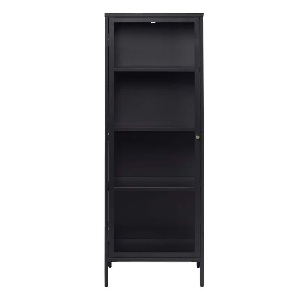 63-Inch Black Metal and Glass Display Cabinet with Brass Knobs