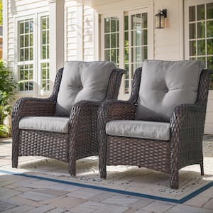 5-Piece Brown Wicker Fire Pit Conversation Set with Olefin Gray Cushions and Curved Arm Lounge Chairs